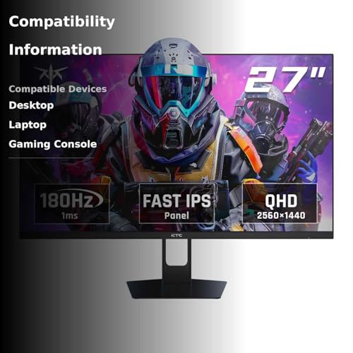 KTC 27 Inch QHD Gaming Monitor, 180Hz 1ms GTG Fast IPS 2K Computer Gamer Monitor, 1440P HDR Frameless Monitor with Adaptive Sync, Tilt Adjustment, VESA Compatible, Eye Care, DisplayPort HDMI, H27T22S image 3
