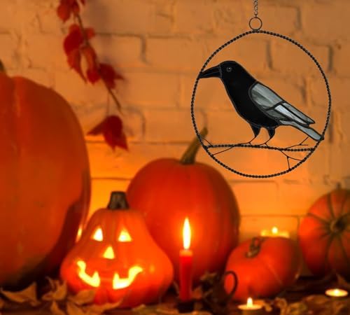 Lolitarcrafts Raven Stained Glass Window Hangings,Crow Decoration for Halloween,Birds Sun Catchers Hangings for Home, Office, Kitchen,Living Room — view 6