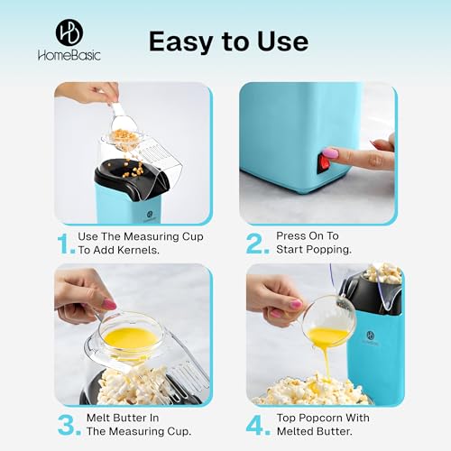 Image of HOMEBASIC 1200W Hot Air Popcorn Maker, Oil-Free Electric Popper, Fast 3-Min Popping, One-Touch Operation, Easy Clean, Fast & Healthy Snack Machine for Movie Nights, Home, Kids & Parties