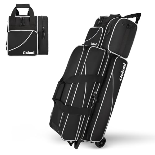 Goloni 4 Ball Bowling Bag with Wheels Set 3 Black Rolling Bowling Roller Bag with 41 Retractable Handle + Single Ball Tote Bag for Balls & Accessories