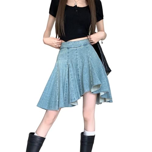 Women's Irregular Denim Skirt Vintage A-Line Skirt High Waist Ruffled Flowing Hem Pleated Loose Casual Skirts