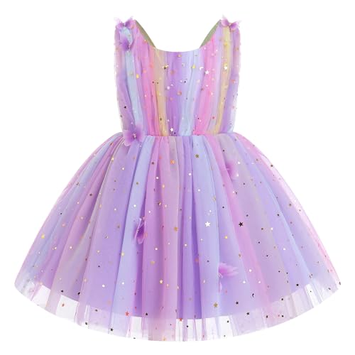 IDOPIP Toddler Baby Girls Shiny Butterfly Tutu Dress Princess Butterfly 1st Birthday Party Dresses Pageant Sequin Tulle Smocked Backless Flower Girl Wedding Communion Gown Rainbow Purple 3-4 Years