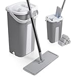 VOUNOT® Balai Microfibre et Seau Essoreur avec 6 Serpillères Réutilisables Balai Plat Seau Auto Lavage Double Compartiment Humide et Sec Manche INOX Rotatif 360° Tous Type de Sol Gris