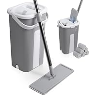 VOUNOT Wischmopp Set mit Eimer, Bodenwischer zum Auswringfunktion, Flacher Mikrofaser & Putzset mit Edelstahlgriff, 6 Wiederverwendbare Wischmop Ersatzbezüge, alle Arten von Böden Grau