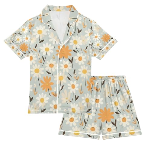Beauty Daisy Satin Summer Pajama Sets Silk Short Sleeve Button Down Sleepwear