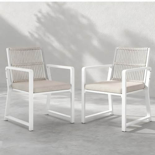 Coreporch Outdoor Patio Dining Chair, All-Weather Woven Rope Outdoor Chairs Set of 2, Sturdy Iron Frame, 400 lbs, Ergonomic Backrest, Removable Breathable Cushion, for Patio & Garden, White