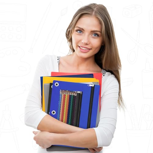Image of Pencil Pouch for 3 Ring Binder - 3 Hole Zipper Pen Case Bag Holder Bulk Accessories Clear Window Aesthetic Organizer Pockets