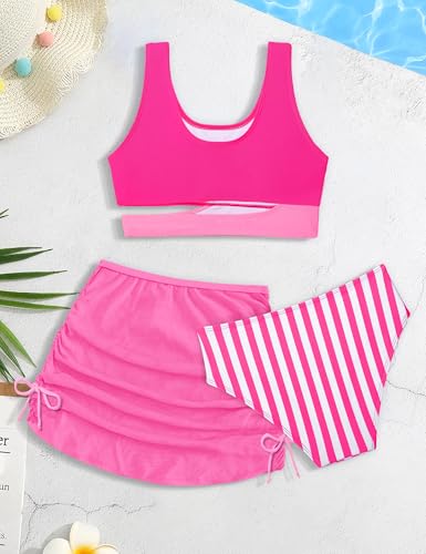 Image of BAVADER Girls Swimsuit Stripe Bathing Suit Color Block Sporty Bikini Swimsuits Swim Cover Up Skirt 3 Piece Set