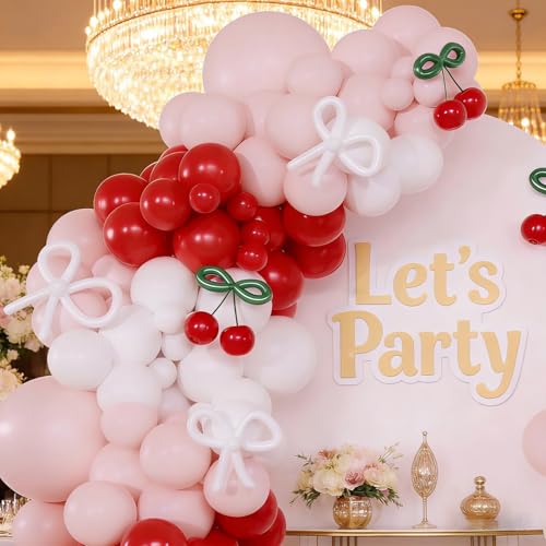 Red Cherry Balloon Garland Arch Kit, 143 Pcs Bow Pastel Pink and White Balloons for Cherry Themed Birthday Party Bridal Shower Wedding Galentine's Valentines Day Decorations — view 5