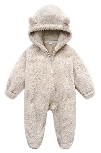 Image of Baby Furry Jumpsuit Infant Bear Onesies Zipper Long Sleeve One-Piece Romper Hoodie Baby Outwear Snowsuit