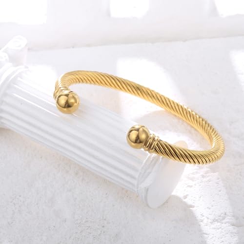 BOLAGTIER Stainless Steel Twisted Cable Wire Bracelets Adjustable Open Cuff Bangle Bracelet Vintage Jewelry Gift for Women (C-Yellow Gold) — view 4
