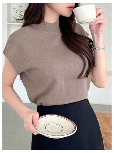 Image of GORGLITTER Women's Cap Sleeve Mock Neck Knit Tops Basic Short Sleeve Sweater Knitwear Dusty Purple Medium