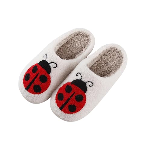 CHOOLD Cartoon Ladybug Embroidered Cotton Slippers, Womens Home Non-Slip Slippers