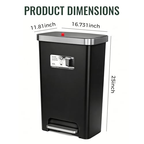 Image of Trash Can with lid, 12 Gallon Slim Tall Garbage Can,Black | Kitchen Trash Bin Step-on with Lid, Plastic Black Garbage Can with Stainless Steel Rim for Bathroom,Living room,Bedroom,Yard,