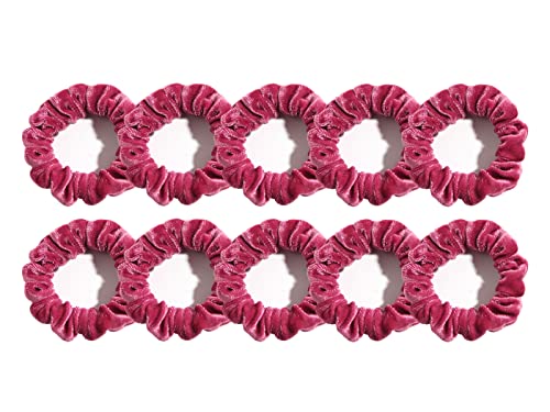 Pack of 10 Small Velvet Scrunchies for Women Hair Accessories, Mini Thin Elastic Hair Ties (Hot pink)