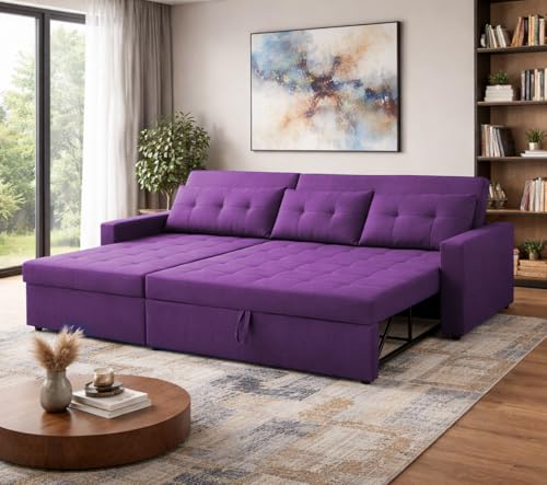 Image of Emilio 4 Seater LHS L - Shape Pull-Out Sofa Cum Bed Sofa for Living Room (Purple Fabric Color) Premium Fabric Sofa Set for Living Room Sofa Cum Bed