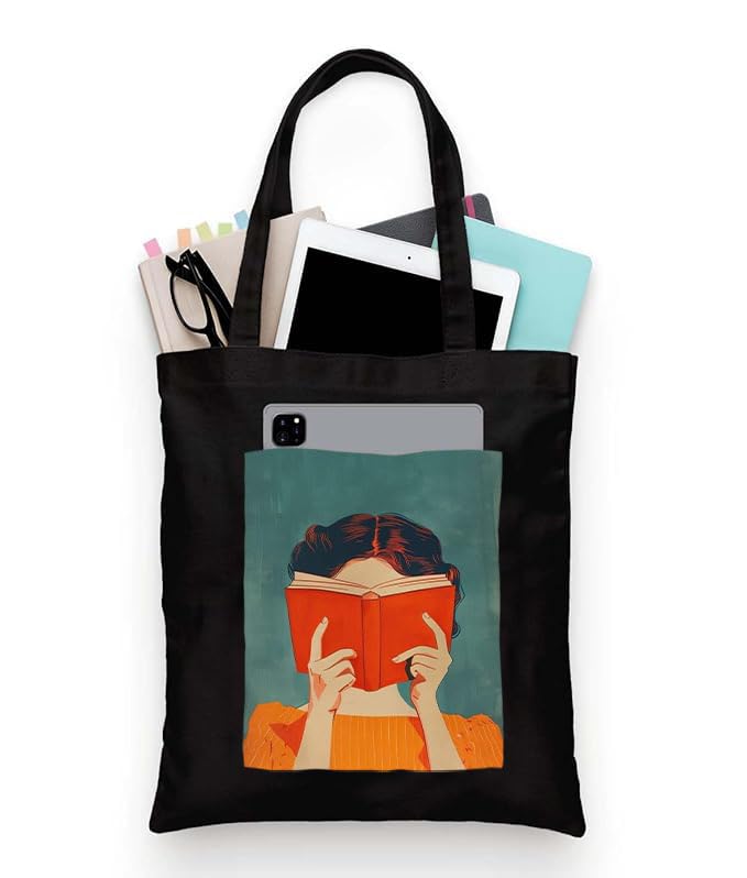 Image of Black Tote Bag With Pocket Printed Designed Canvas Tote Bags For Women large capacity,Tote bag For Shopping, College, Travel, More Canvas Handbag For Unisex Bag