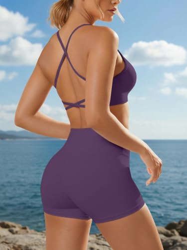 2 Piece Workout Sets for Women Criss Cross Back High Waisted Biker Shorts No Front Seam Butt Lifting - 5