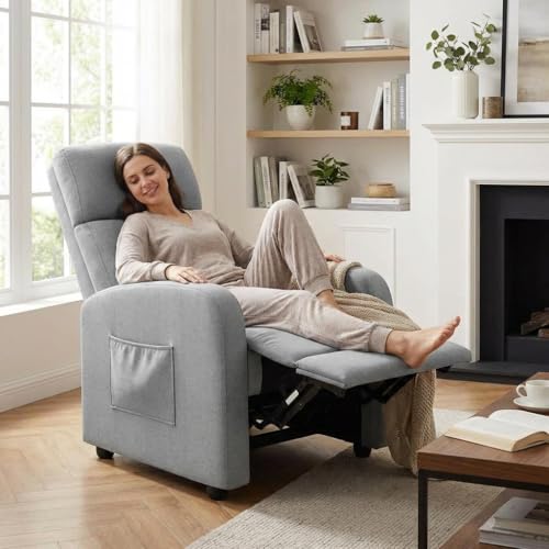 Recliner Armchair, Linen Push Back Reclining Chair with Padded Armrests & Adjustable Leg Rest, High Back Manual Single Sofa with Side Pocket for Living Room, Lounge & Home Cinema - Light Grey