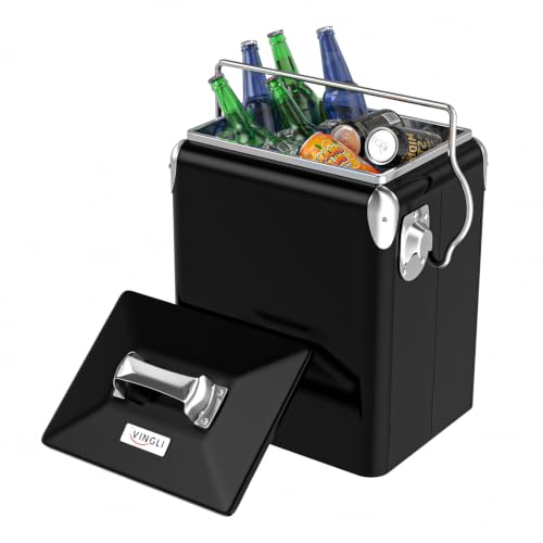 VINGLI Retro Cooler Ice Chest, Beach Cooler, Insulated Portable Cooler, Retro Vintage Classic Style Hard Metal Cooler for Barbeques, Camping, Fishing and Picnics (Black, 18QT)