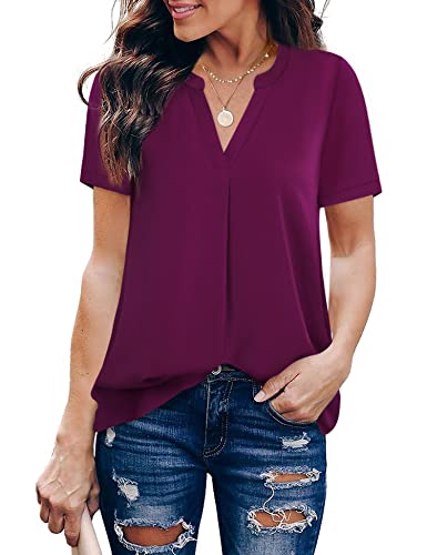 Timeson Womens Shirts and Blouses,Flowy Work Shirts for Women Business Attire Short Sleeve Chiffon Blouse Office Wear V Neck Lightweight Sheer Flowy Summer Tuncis Tops Junior Professional Silk Dressy