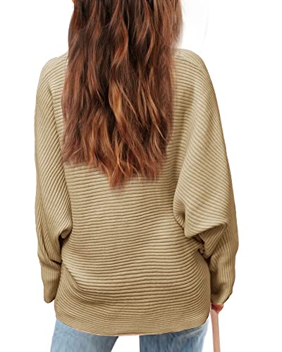 Mafulus Girl's Oversized Crewneck Sweaters Kids Batwing Long Sleeve Slouchy Chunky Cute Knit Pullover Jumper 5-14T Khaki #TOP1