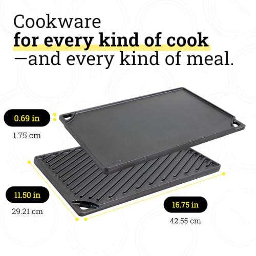 Image of Lodge Reversible Cast Iron Grill /Griddle Pan XL, 16.75 x 11.5 Inches | Dual-Sided Double Burner Griddle for BBQ, Eggs, Pancakes & Burgers, PFAS-Free, Flat Top Cookware, Made in USA