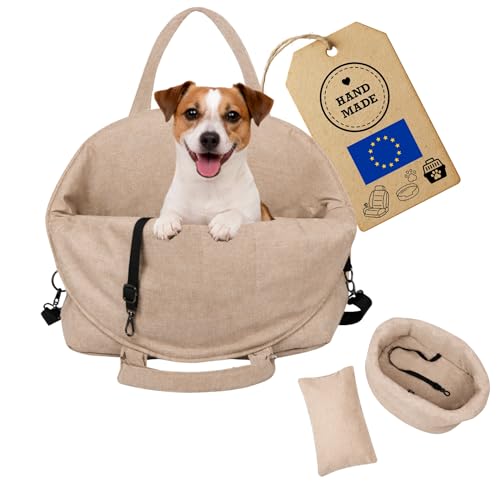 Petsen 3in1 Hundetasche & Transportbox – Autositz, Reisebett & Tragetasche für kleine Hunde & Katzen – Handgefertigt in der EU – Waschbar mit Kissen (Beige)