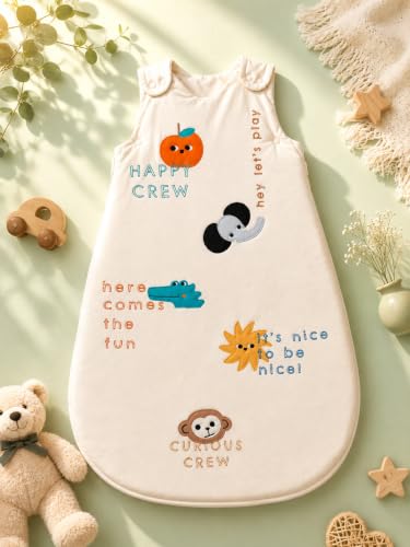 Image of TuddyBuddy Baby Cotton Wearable Quilted Sleeping Bag Blanket 1.5 Tog with 1 Way Zipper Closure | Ideal for Babies & Kids Hypoallergenic Fabrics | (Happy Crew - Beige, 6-12 Months)