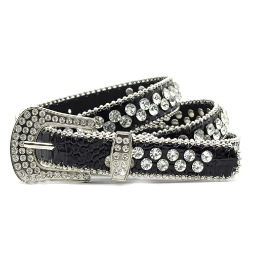 Women's Rhinestone Genuine Leather Belts Shiny Fashion Belt for Jeans & Dress Crocodile Grain