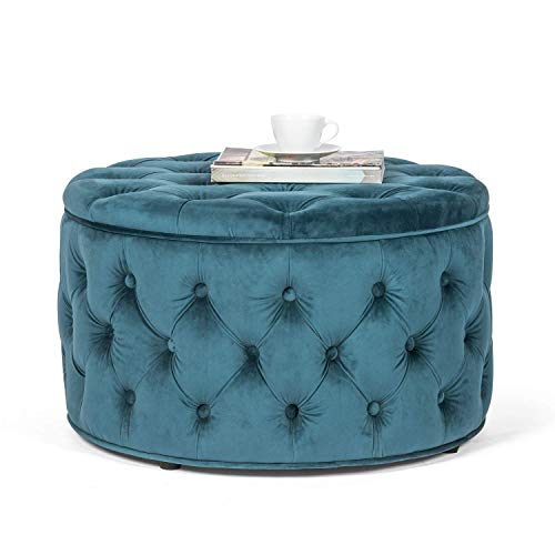 Homebeez Velvet Round Storage Ottoman, Button Tufted Footrest Stool Bench Coffee Table For Living Room(Dark Teal) #TOP2