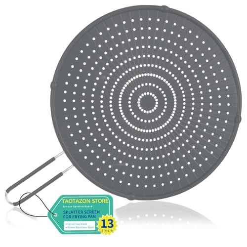 TaoTazon Silicone Splatter Screen for Frying Pans - 13 Inch Universal Guard to Prevent Mess and Oil Splashes, Multi-Use Heat-Resistant Cover (Grey)
