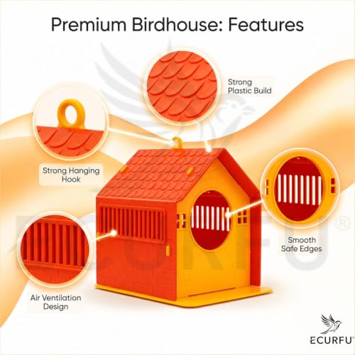 Image of Ecurfu Sparrow House for Balcony & Garden | Hanging Bird Nest with Feeding Tray | Bird House for Sparrows & Small Birds (Orange & Yellow)