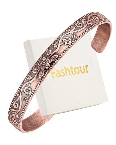 Fashtour Pure Copper Bracelet – Copper Bracelet for Men & Women – 100% Solid, Raw & Handmade Hammered Tibetan Cuff Bangle (Vintage Floral)
