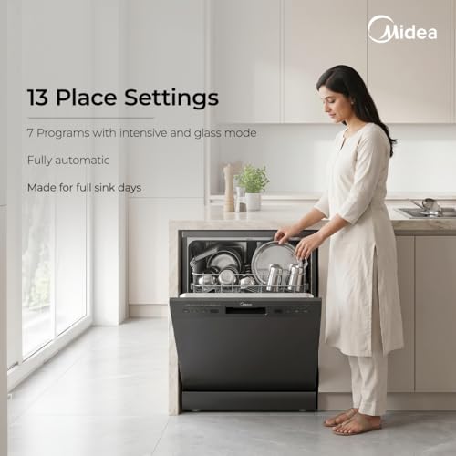 Image of Midea 13 Place Setting Freestanding Dishwasher, 7 Wash Programs, Intensive 70C, Glass Care Mode (ECO & Rapid Wash, Fully Automatic, Suitable for Indian Kitchen)