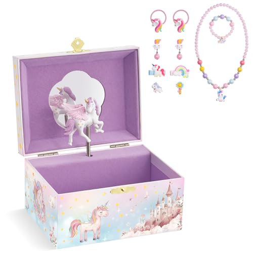 Lolalet Unicorn Music Jewelry Box for Girls, Kids Musical Jewelry Boxes with Spinning Unicorn Doll, Cute Children's Jewelry Storage Organizer Gift for Little Girls Age 3-8 -Pink (Box with Je