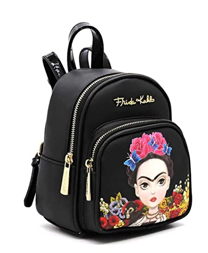 Frida Kahlo Cartoon Flower Collection Mini Size Backpack (Black/Black)2