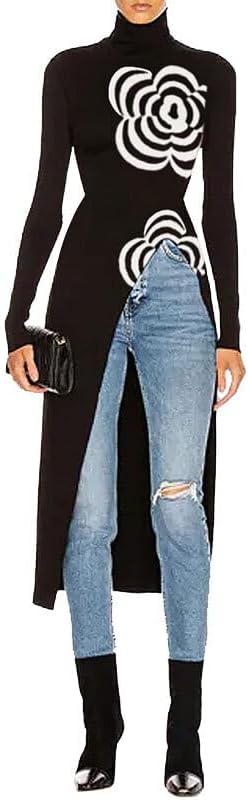 UOOZEE Women's 2025 Turtleneck High Neck Knitted Sweater Slim Fitted Asymmetric Floral High Split Dress