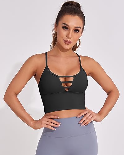 AngiMelo Longline Sports Bras for Women High Support Strappy Push Up Workout Tops Built in Bra Padded Crop Yoga Tank Top3