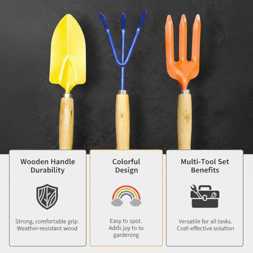 Image of RedBuild Garden Hand Tools Set of 3 - Heavy Duty Trowel, Cultivator & Fork with Ergonomic Wooden Handles for Home Terrace Kitchen Gardening