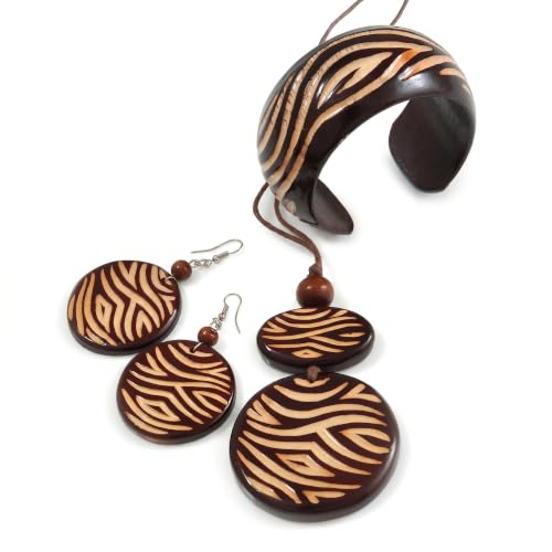 Pendientes de gota y brazalete de madera Avalaya con juego de collar largo marrón