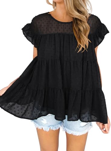 DOROSE Womens Babydoll Tops Swiss Dot Peplum Top Ruffle Sleeve Flowy Blouse