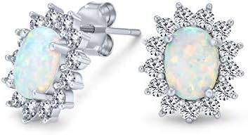 Vintage Style Oval Created White Opal Crown Halo CZ Stud Earrings For Women .925 Sterling Silver 12MM October Birthstone