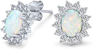 Vintage Style Oval Created White Opal Crown Halo CZ Stud Earrings For Women .925 Sterling Silver 12MM October Birthstone