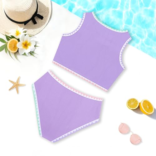 Image of Girls Bathing Suit Toddler Swimsuits 2 Piece Bikini Sets Round Neck Colorful Lace Teen Girls Swimwear 3-14T