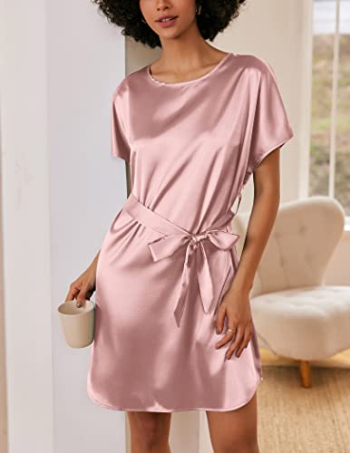 Ekouaer Women's Satin Nightgown Short Sleeve Sleepshirt Scoop Neck Nightshirt Silk Sleepwear Casual Cover Up Dress With Belt Pink #TOP1