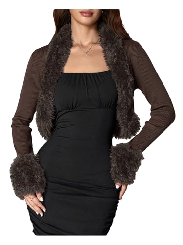 MakeMeChic Womens Faux Fur Open Front Coat Valentines Fuzzy Long Sleeve Crop Jacket Outerwear Coffee Brown Large
