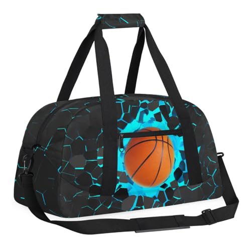 Blue 3D Basketball Kids Overnighter Duffel Bags for Boys, Carry-On Size Sports Gym Bag with Front Zipper Pocket for School Practice or Overnight Travel Weekender Sleepover Tote Bag