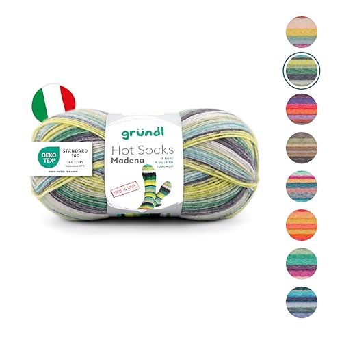 Gründl Wolle Hot Socks Madena 4-fach - Sockenwolle für 1 Paar Socken - Sockengarn - Weich und hautfreundlich - 75% Schurwolle, 25% Polyamid - 1 Knäuel 100 g / 420 m -Nadelstärke 2,5-3 - Grün