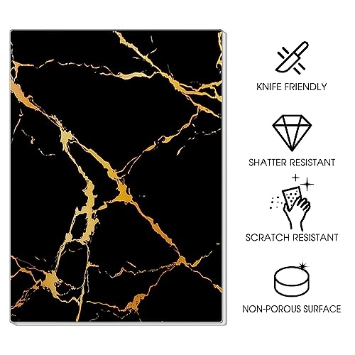 Jambalay Tempered Glass Cutting Board For Kitchen 12 X 16", Marble Pattern Cutting Board, Chopping Board With Rubber Feet, Heat Resistant, Shatter Resistant, Dishwasher Safe, Golden Black #TOP2